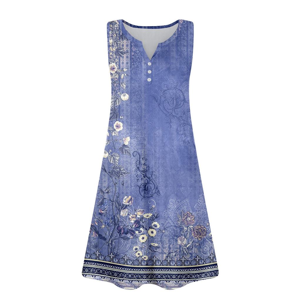 Женские летние платья Свободные сарафаны без рукавов с V-образным вырезом Платье с карманами