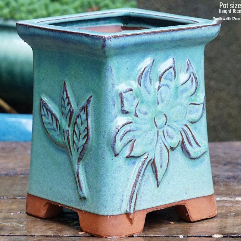 Yixing Handmade Square Mouth Coarse Pottery Planter - Large Succulent Flower Pot with Old Branch Design and Jade Pendant.