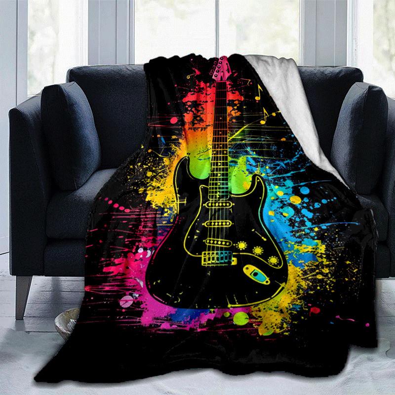 1pc Guitar Printing Lightweight Flannel Blanket, Comfortable and Warm Blanket, Sofa Bed and Couch Office, Suitable for Gift Blankets