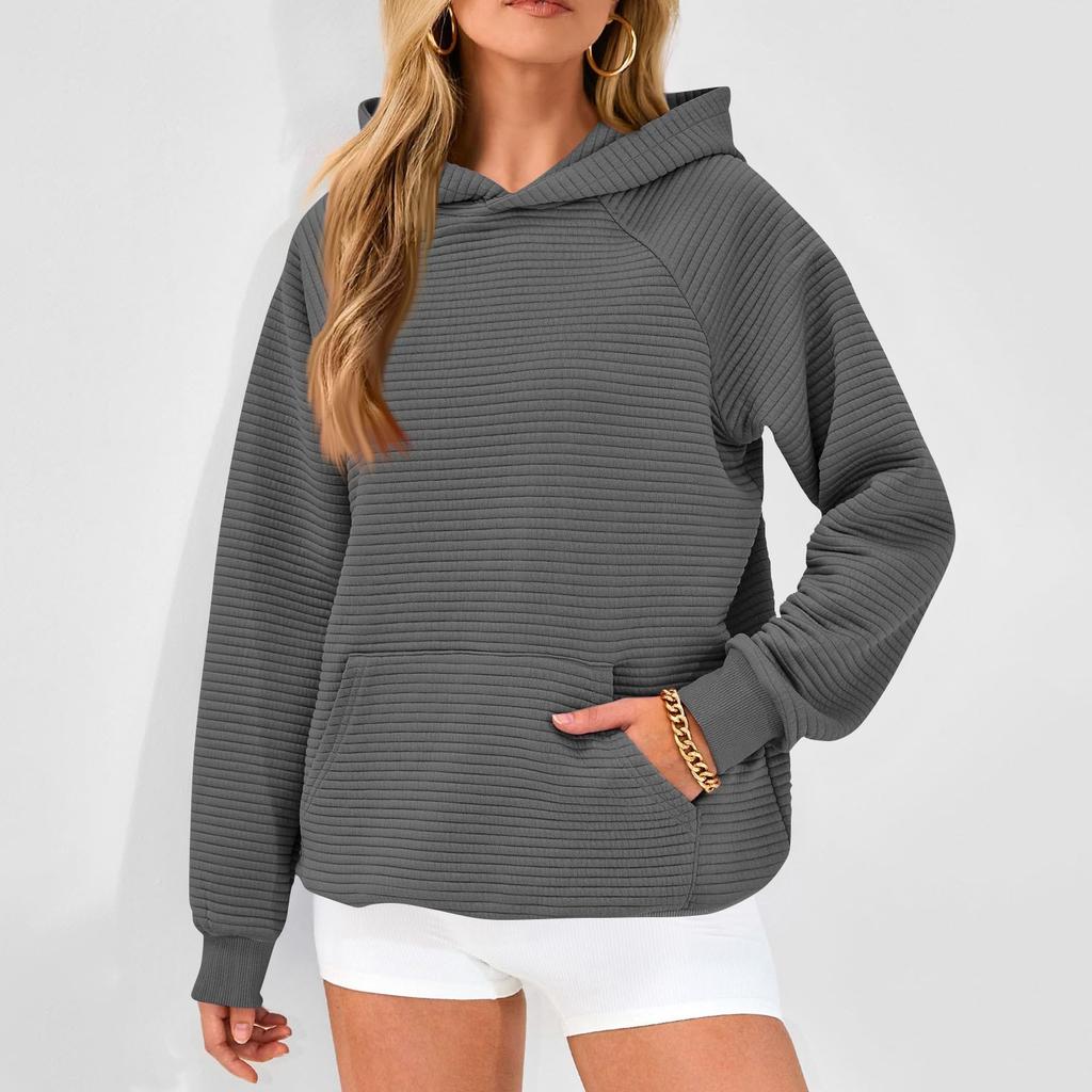 Свитшоты с длинным рукавом для женщин, свободные повседневные однотонные туники с капюшоном, модные текстурные пуловеры, топы на осень с карманом