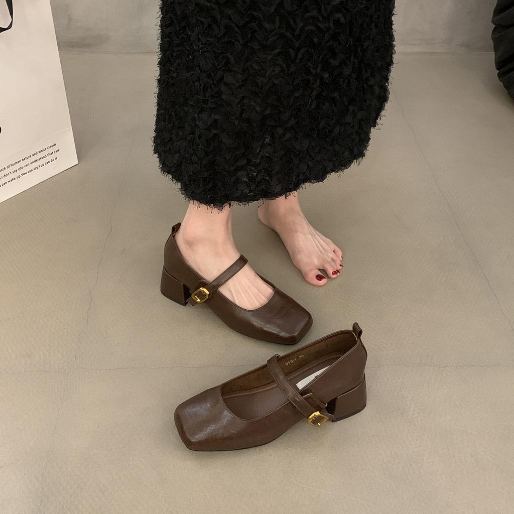 French Retro Square Head Shallow Mouth Single Shoes Women's Shoes 2024 New Spring and Autumn with Skirt Mary Jane Small Leather Shoes