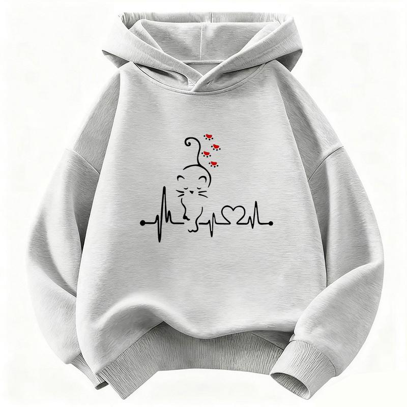 Stylish Kids Hoodie Pullover, Clean Outline Cat Sketch On Heartbeat Line Art Graphic Sweatshirt, Autumn Winter Casual Long Sleeve Top for Children