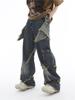 American Retro Distressed Wide-Leg Jeans with Pentagram Design and Big Pockets for Men