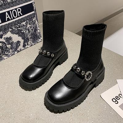 Женская обувь 2024 Осень Новые Вязаные Дышащие Женские Ботильоны-носки Корейская Мода Стиль Мэри Джейн Ботинки на толстой подошве Zapatos