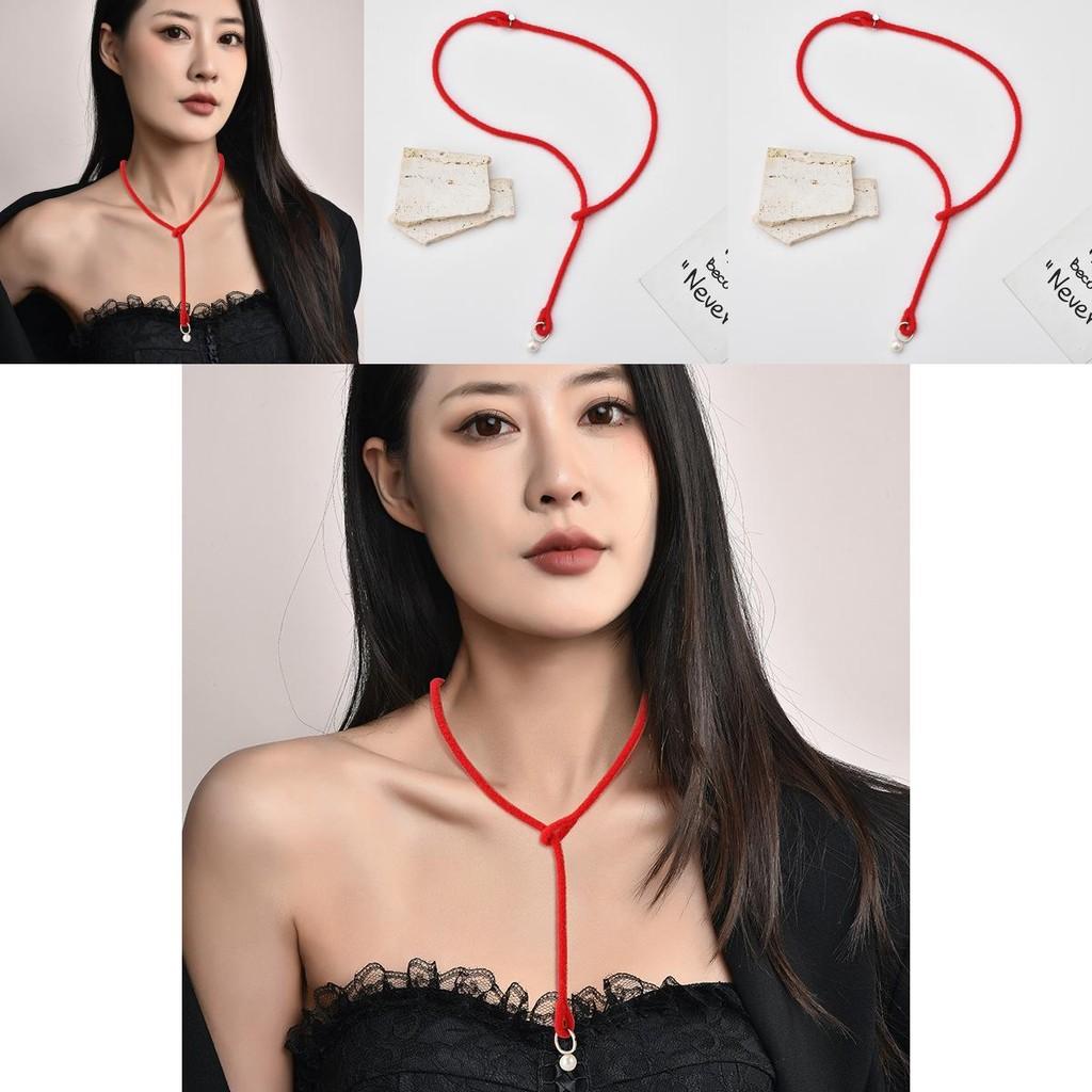 Handmade Pearl Pendant Necklace Elegant Red String Long Geometric Design For Women