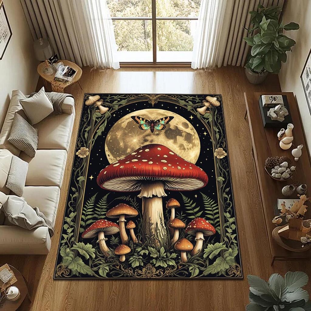 Mystical Mushroom Rug,Full Moon Forest Carpet, Gothic Nature Decor with Butterfly & Red Toadstools, Fairycore Living Room Mat