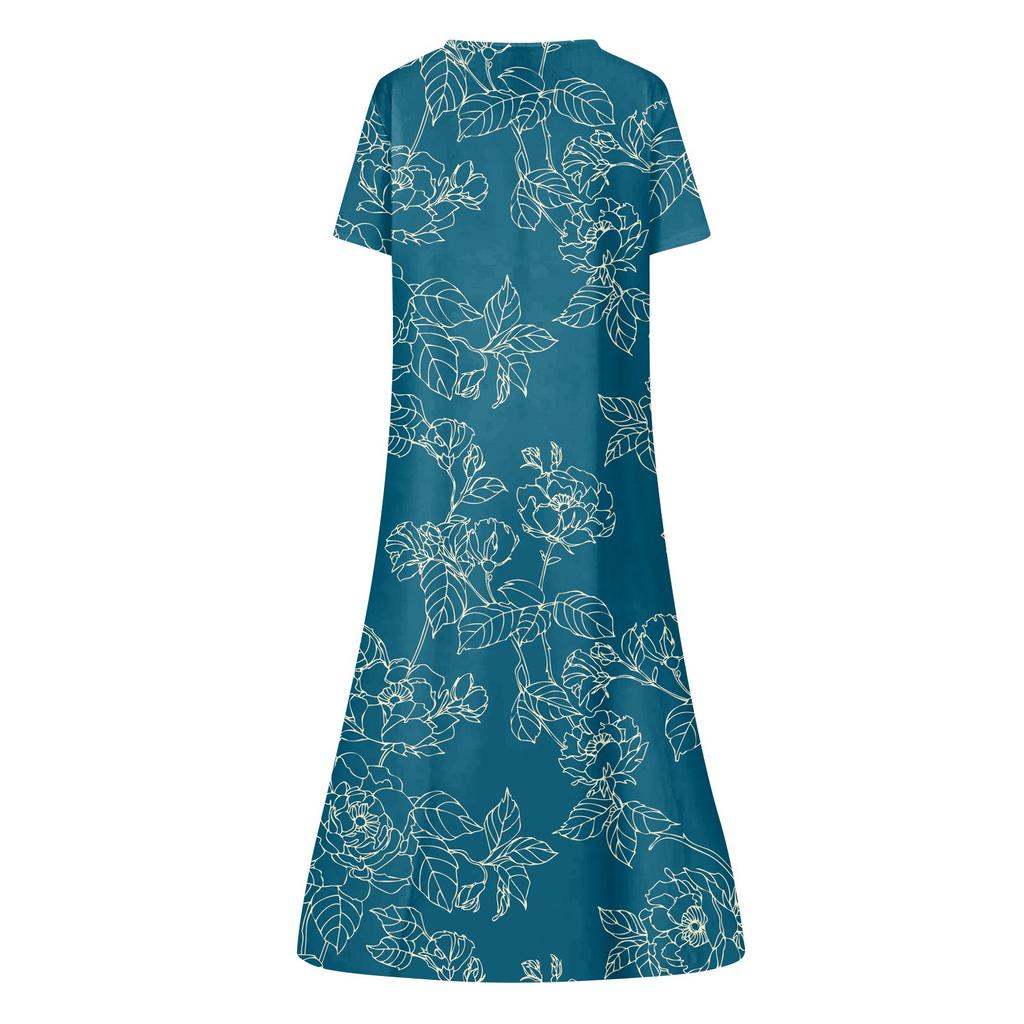 Women's Summer Casual Fashion Floral Printed Short Sleeve Button Pocket Dress