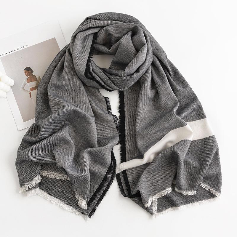 New Versatile Imitation Cashmere Scarf Herringbone Pattern Monochrome Simple Casual Tassel Warm Women's Shawl