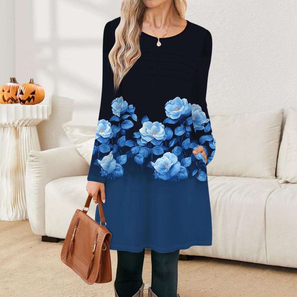 Женские повседневные модные платья с длинным рукавом, с графическим принтом, винтажные, с карманами