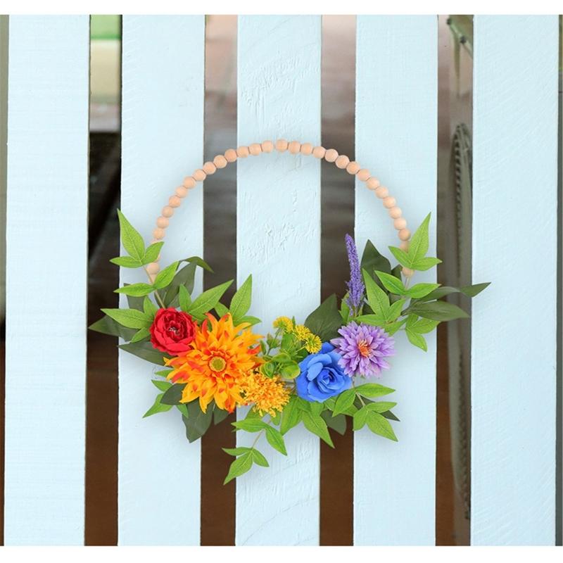 Spring Wreath for Front Door Farmhouses, Wood Bead Wreath with Artificial Flower Leaf, Spring Summer Wreath for Wedding