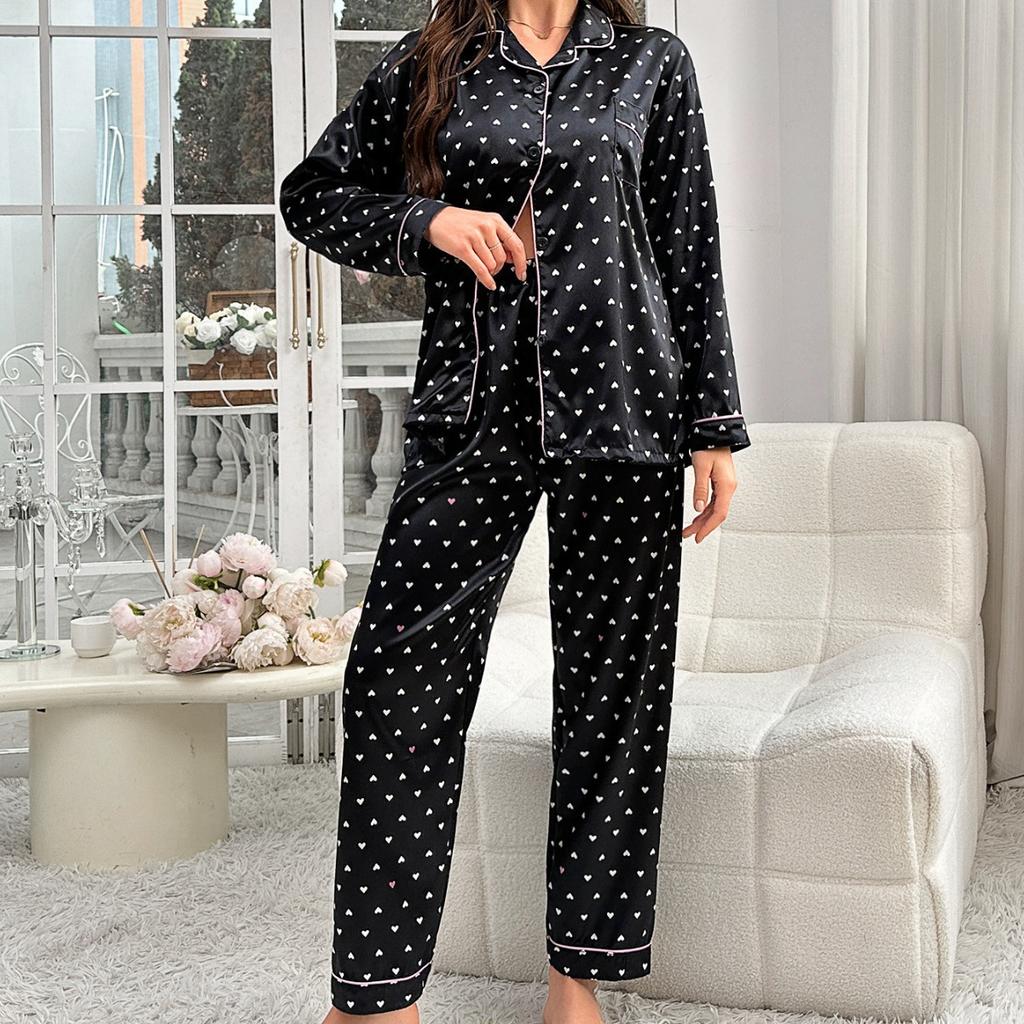 Осенняя пижама с длинным рукавом и принтом любви из 2 предметов для женщин из шелкового атласа, пижамный комплект, пижамный комплект, топы и брюки, домашняя одежда, пижама