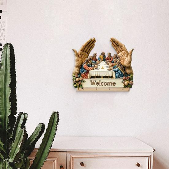 Деревянная христианская ключница 2D плоская Иисус Причастие Арт брелок-подставка с 4 крючками Религиозная настенная ключница для прихожей Домашний декор