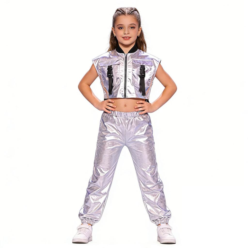 Girls Metallic Vest Jazz Performance Sleeveless Side Zipper Open Shiny Pants Elastic Waistband Dance Set