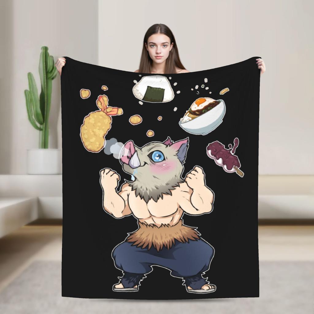 Inosuke Food love Knitted Blanket Kimetsu No Yaiba Anime Fuzzy Throw Blankets Summer Air Conditioning Soft Warm Bedspreads