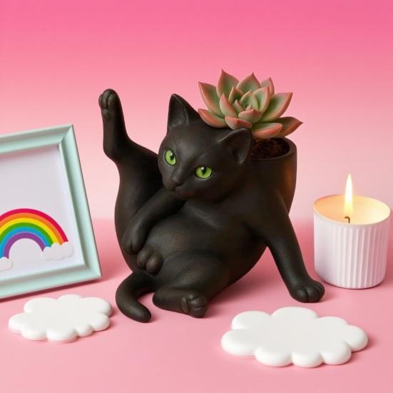 5/8-Inch Grooming Cat Planter Pot Playing Ball Cat Succulents Herb