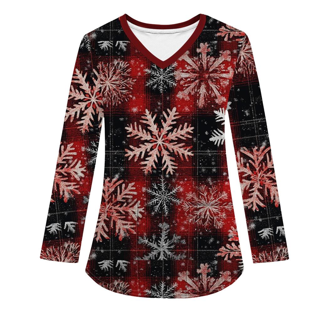 Женская модная рабочая одежда с V-образным вырезом, длинным рукавом и карманом, рождественский принт, футболка, топ