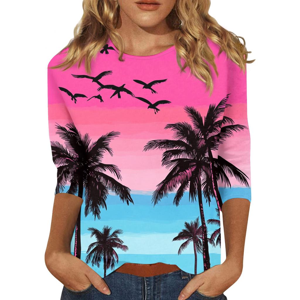 Женская модная повседневная футболка с круглым вырезом и рукавом 3/4, женский топ