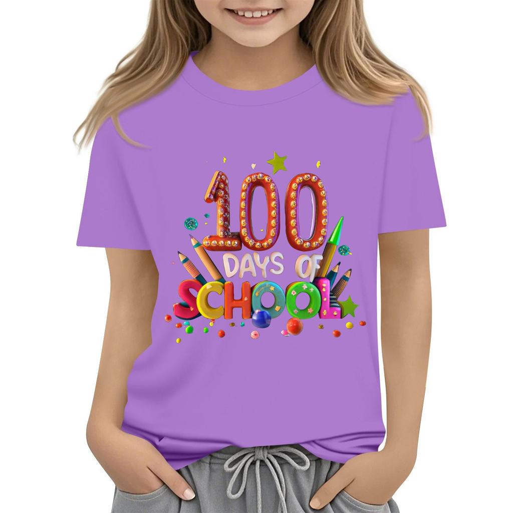 Happy 100th Day Of School Girls Boys Short Sleeve T Shirts Kids Tops Crewneck Tees