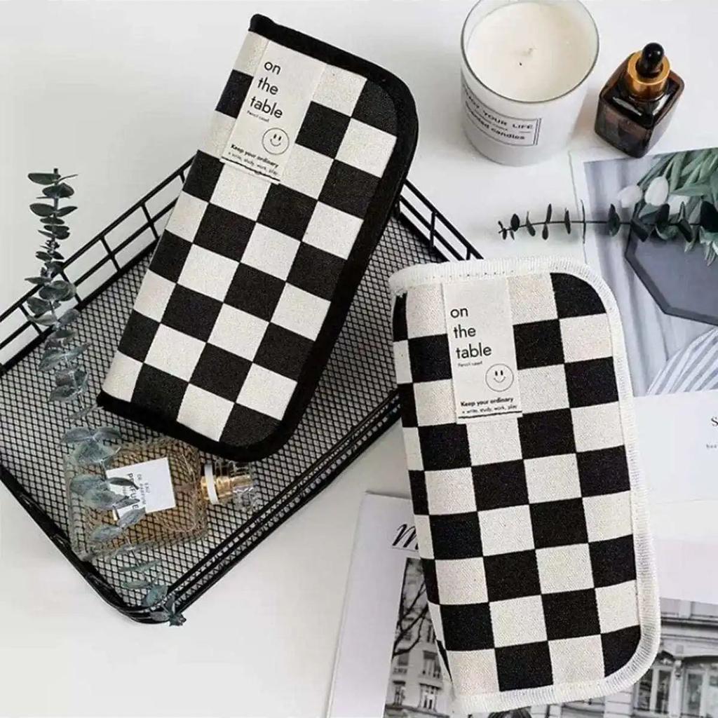 1pc Black Checkerboard Grid Large High Value Storage Pencil Bag Stationery Box
