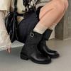 Womens Western Mid-Calf Boots Genuine Leather Patchwork Casual Fashion With Belt Buckle