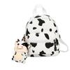 Mini Canvas Daypack with Plush Pendant Cow Print Backpack for Women Lady Girls Outdoor Travel Shopping