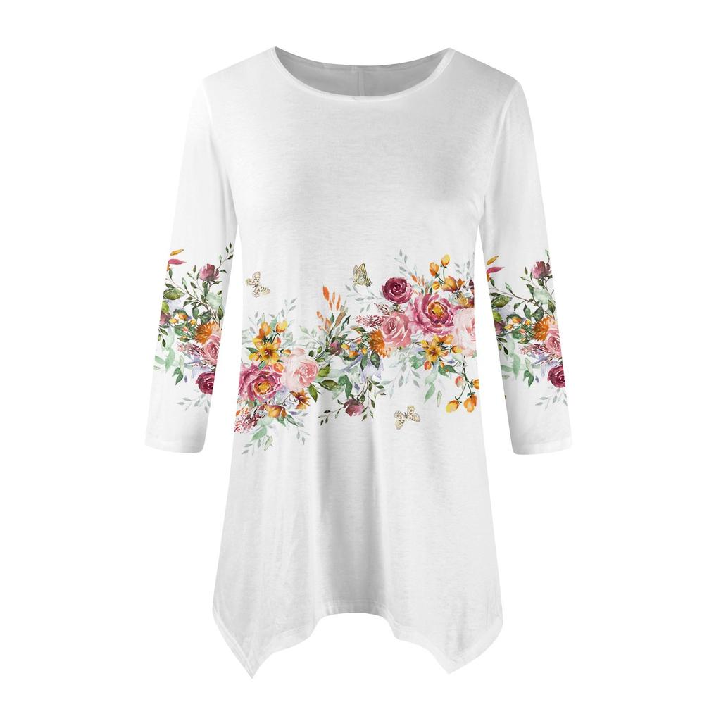 Женская модная повседневная рубашка с круглым вырезом и цветочным принтом, рукавами-семью, свободным удобным топом с поясом