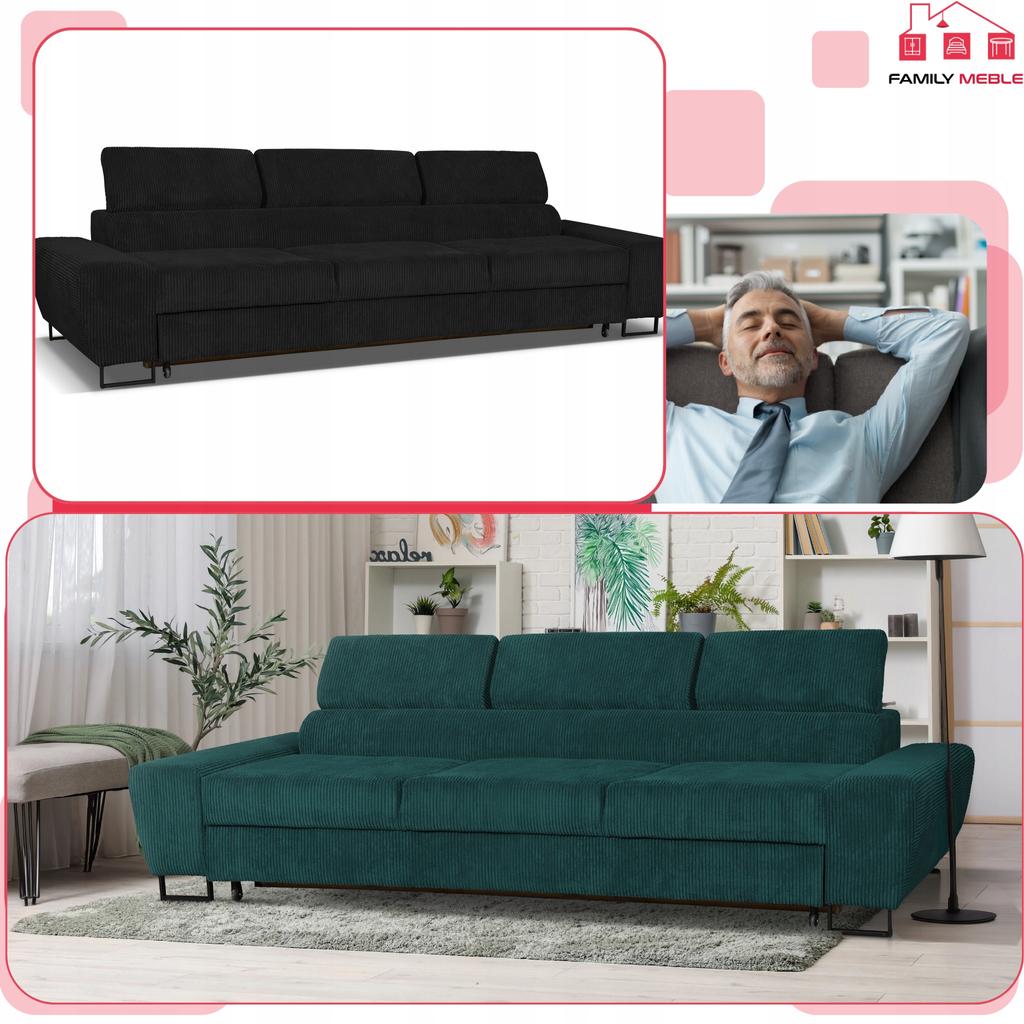 Sofa kanapa 3 os rozkładana z f. spania Savio Family meble czarny sztruks
