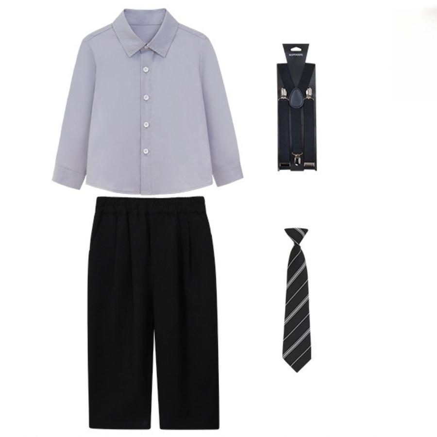 Toddler Boys Suspenders Pants Set Striped Button Down Shirt and Bow Tie Kids Formal Party Outfit Cute Wedding Guest Costume for 1-12Y
