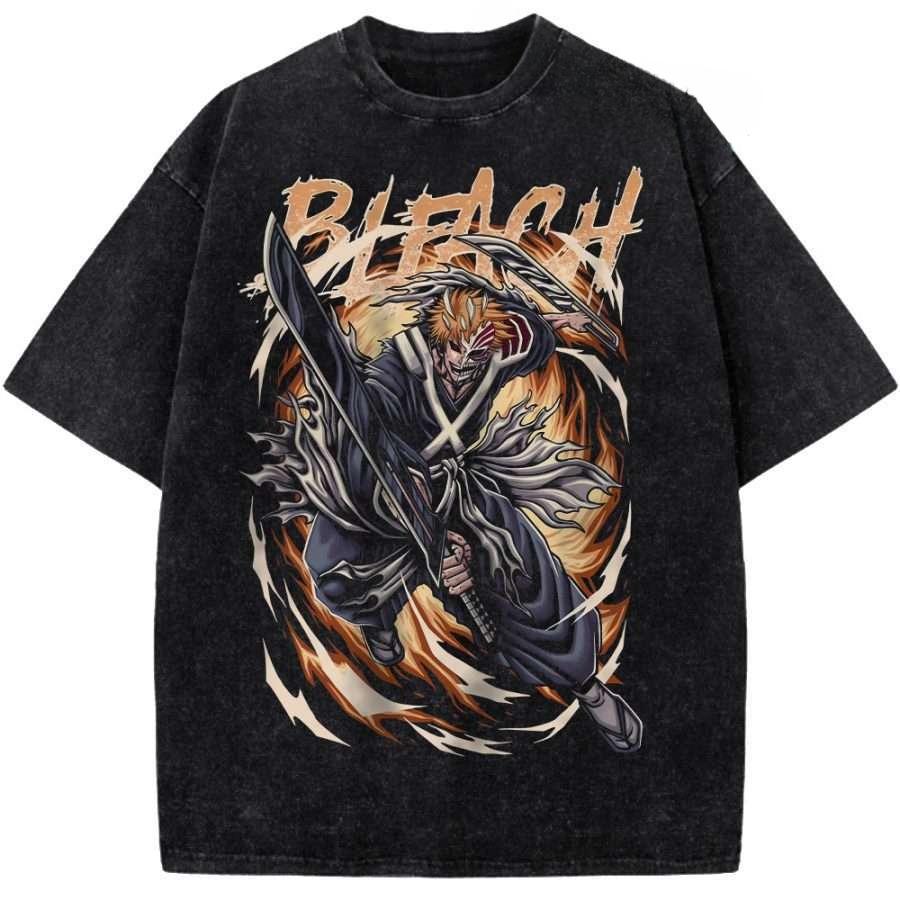 Горячий Аниме BLEACH Кучики Бьякуя Одежда Мужская Женская Повседневные Футболки Хлопковые Футболки с Эффектом Стирки Ретро Оверсайз Футболка Харадзюку Футболка