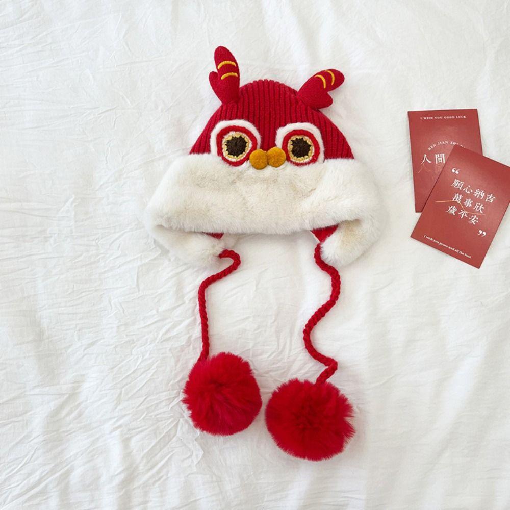 Hairball New Year Lion Cap Embroidery Cap Kids Beanie Cap Unique Children Fleece Hat Ear Protector