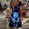 Summer Fashion Women's V Neck Short Sleeve Crystal Heart-shaped Rose Printed Dress Sex Dress