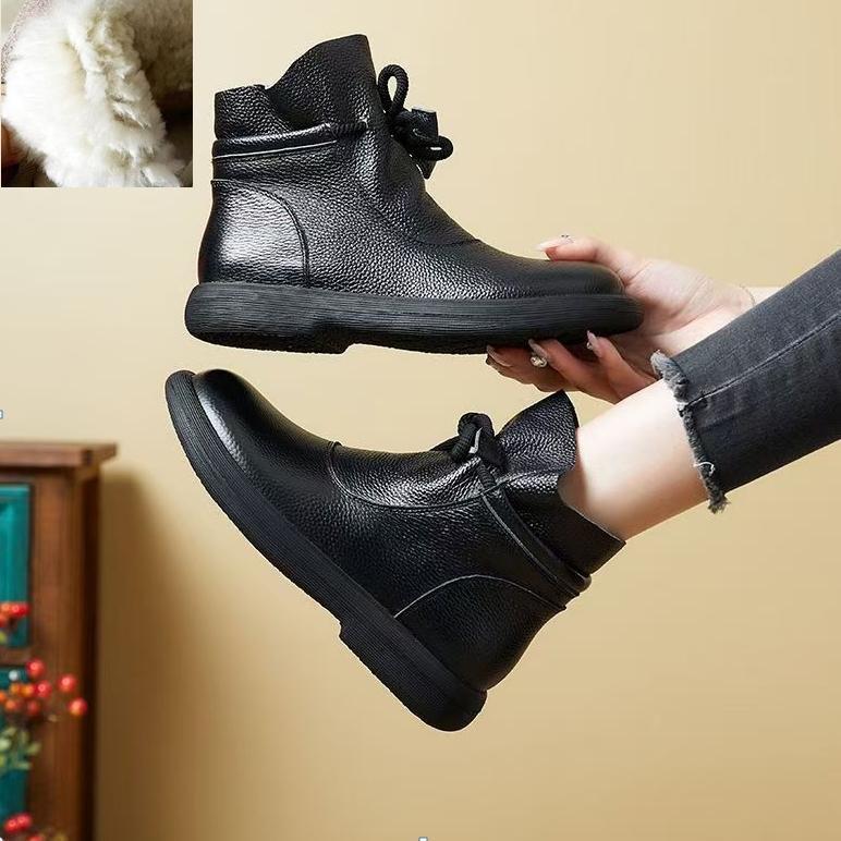 Теплые сапоги из натуральной кожи и шерсти, зимние женские ботильоны, хлопковая обувь, нескользящие женские сапоги с плоской подошвой и мягкой подошвой