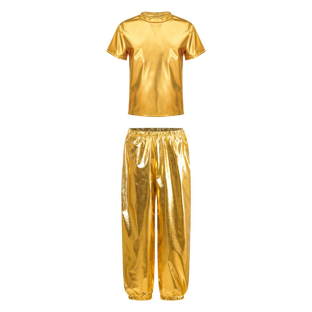 Children Stage Performance Outfit Kids Dance Party Costume Set Metallic Shiny T Shirt with Pants Unisex Ballet Jazz Wear