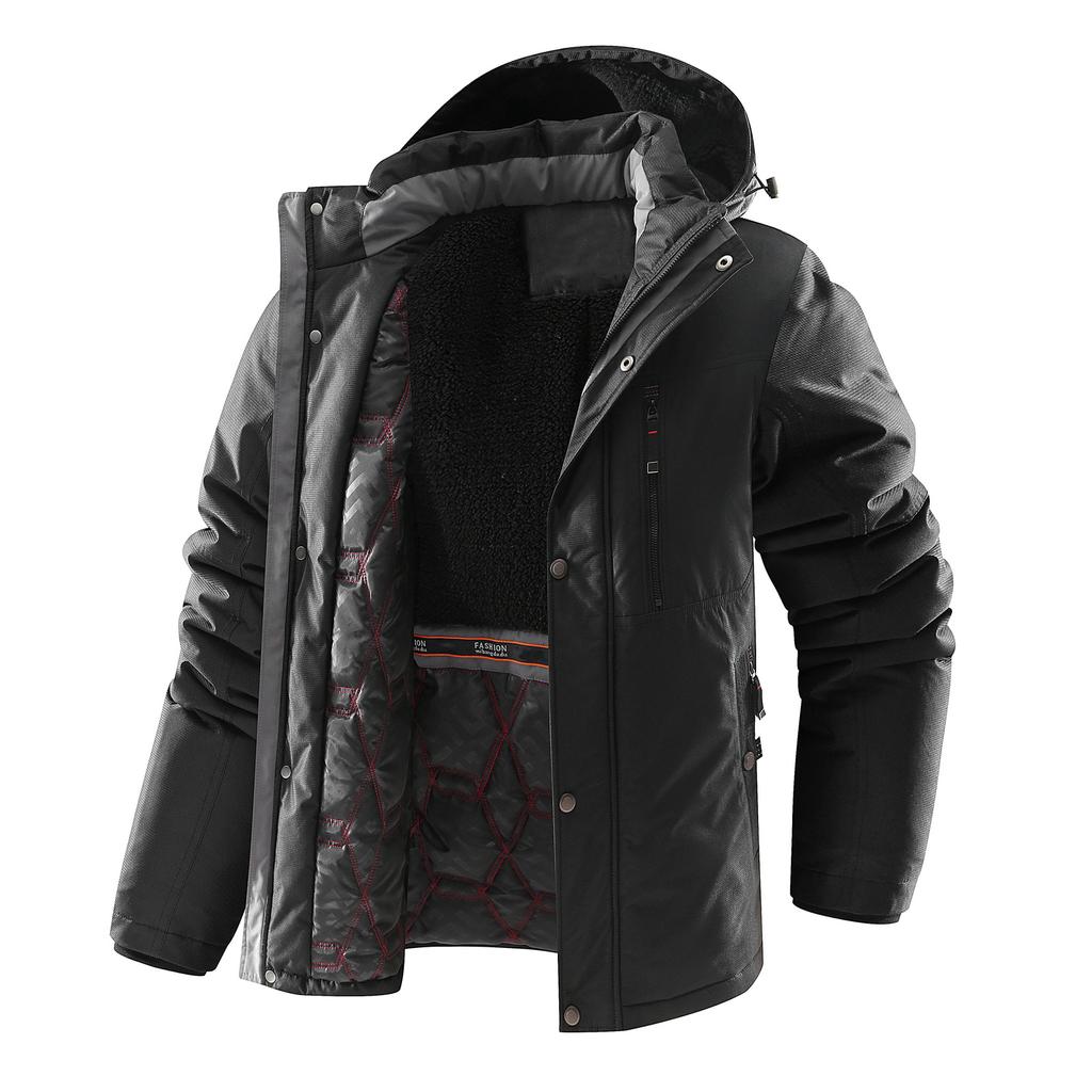 Утепленная куртка средней длины из хлопка и бархата с множеством карманов, ветрозащитными рукавами и съемной кепкой.