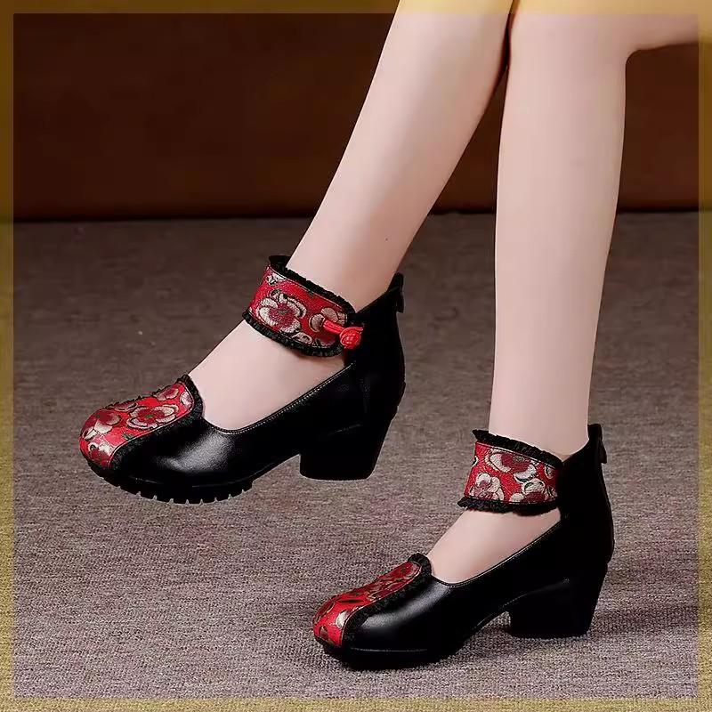 Ethnic Style Handmade Retro Leather Shoes Women's Spring Middle Layer Cowhide Heel Soft Sole Comfortable Thick Heel Single Shoes Printed Dance Shoes