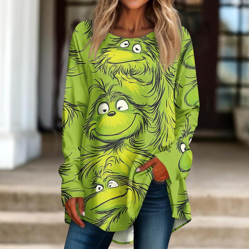 Женская рождественская принтовая рубашка с длинным рукавом, круглый вырез, пуловер, футболка, топ, пуловер