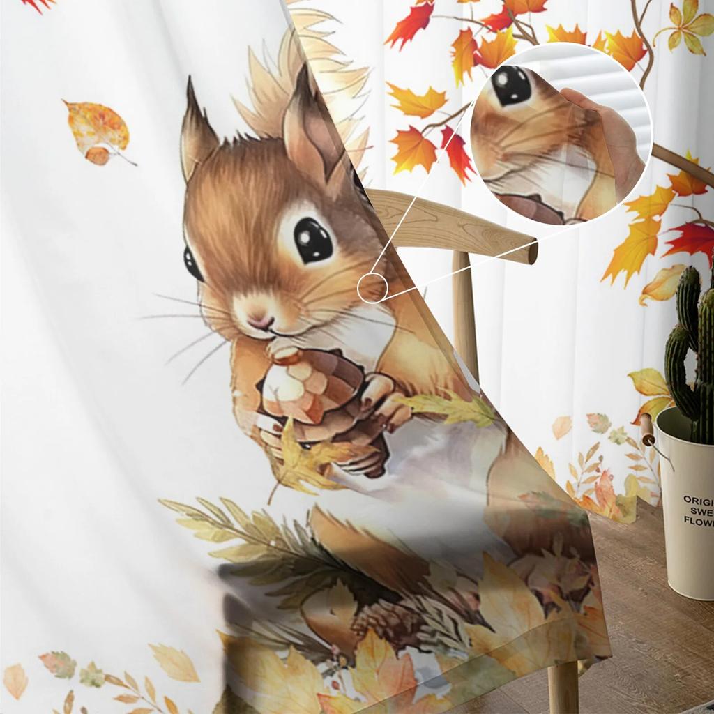 Осенние тюлевые шторы с белкой и кленовым листом для гостиной, прозрачные занавески для спальни, оконные жалюзи, вуаль, шторы