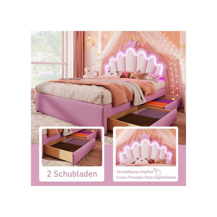 Lit - MUVOE - Lit princesse Crown - 140 x 200 cm - Tête de lit réglable - 2 tiroirs de rangement