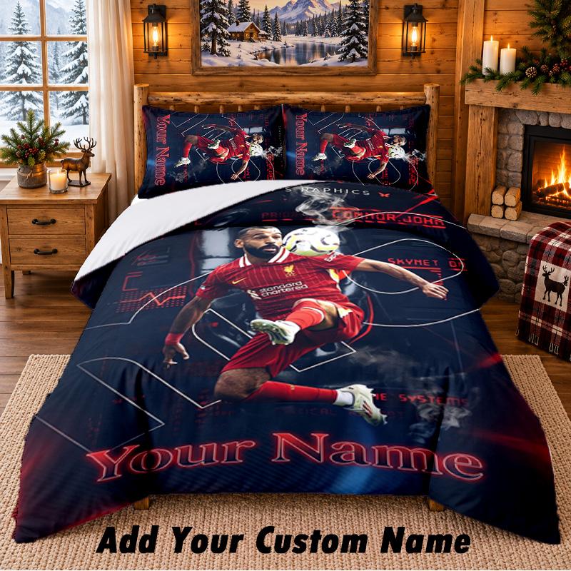 Mohamed Salah Pattern Bedding 3Pcs Set Custom Name, Bed Sheet And Pillowcases For Home Bedroom