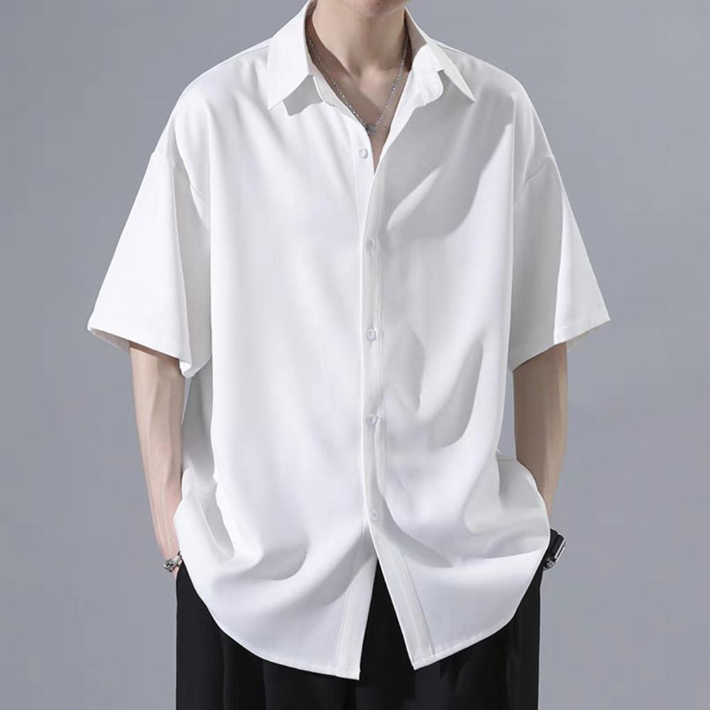 Men Spring Top Men's Casual Loose Fit Ice Silk Shirt with Turn-down Collar Half Sleeves Stylish Button-up Top for School Dating