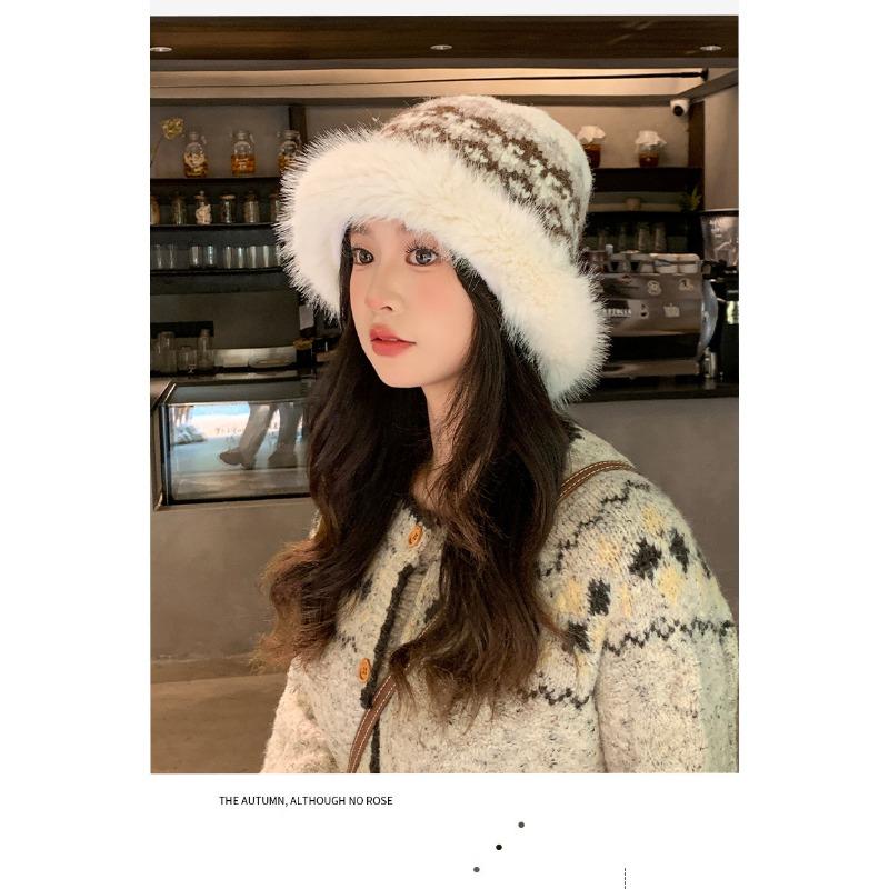 Women S Fair Isle Style Winter Fleece Warm Bucket Hat Casual Outdoor