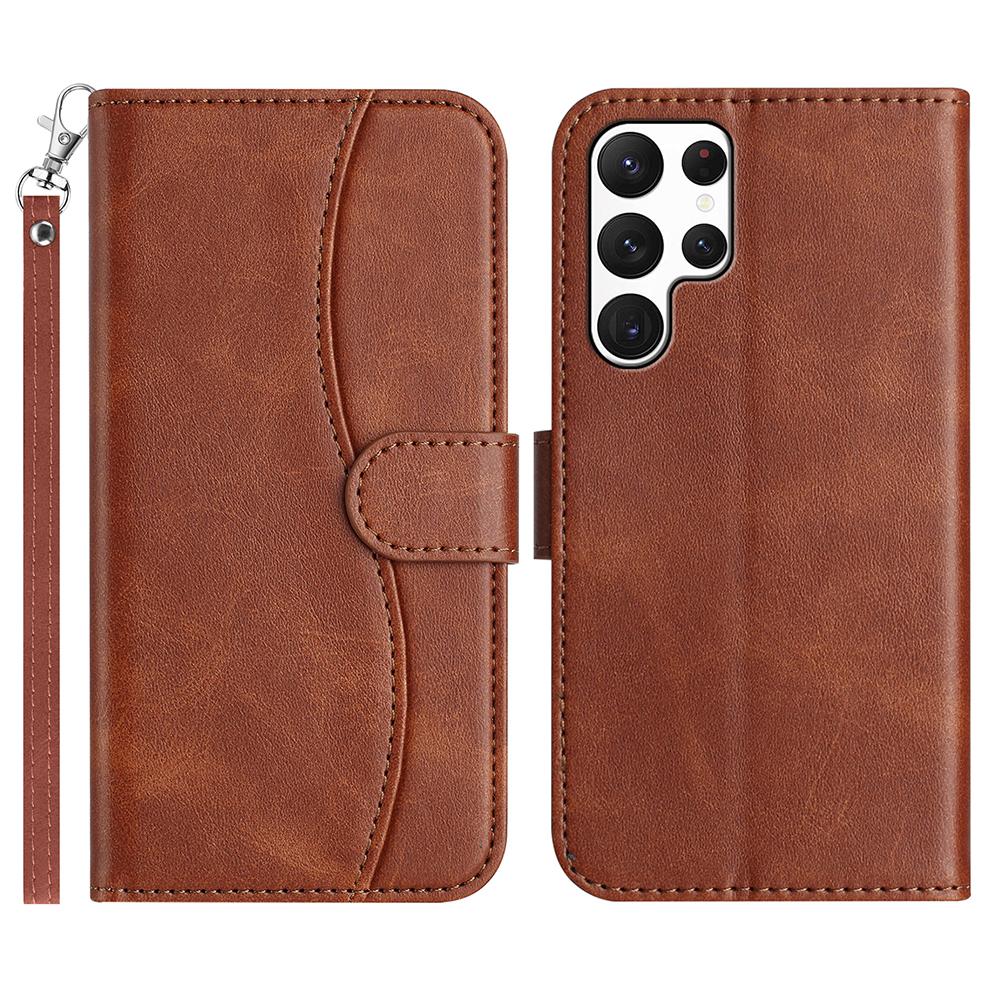 For Samsung Galaxy S24 Ultra Stand Case with Strap PU Leather Wallet Phone Cover S Shape Stitching Design
