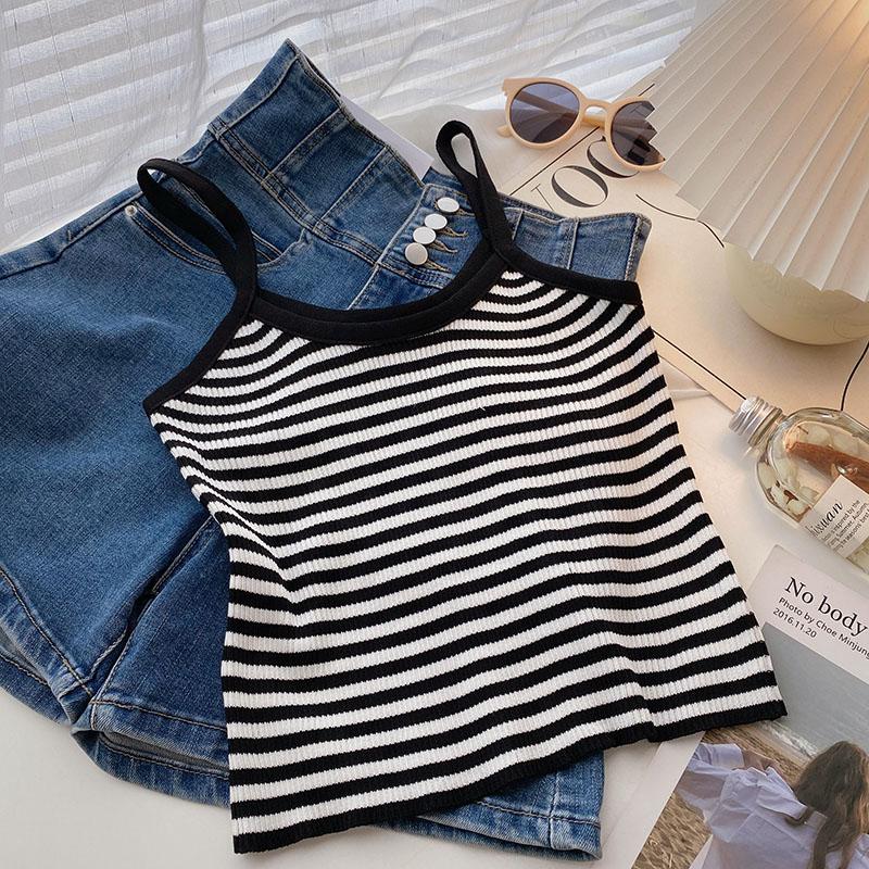 Женский повседневный укороченный трикотажный топ в полоску белого и зеленого цвета, корейский женский многоцветный полосатый трикотажный топ-майка с круглым вырезом