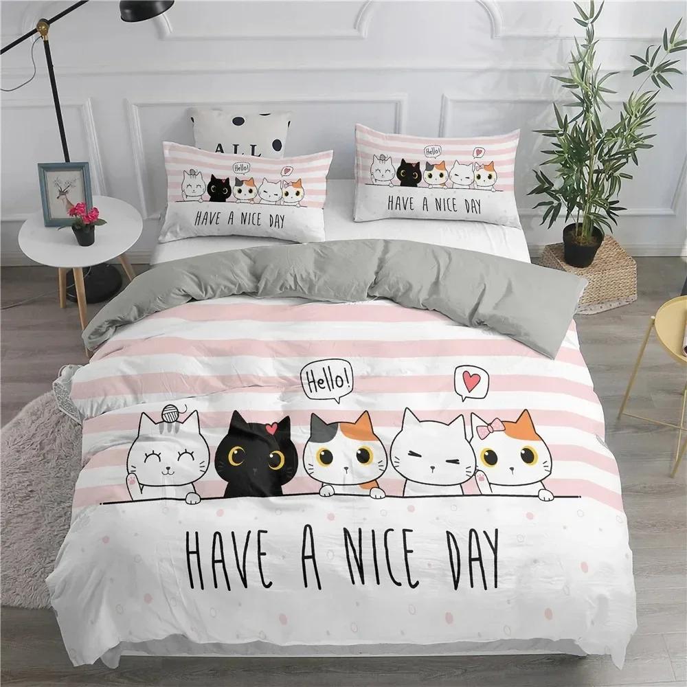 Cartoon Bedding Set Cute Cats Comfortable Duvet Quilt Cover Pillowcase Bedding Set Children Bedroom Decoration Home Textile