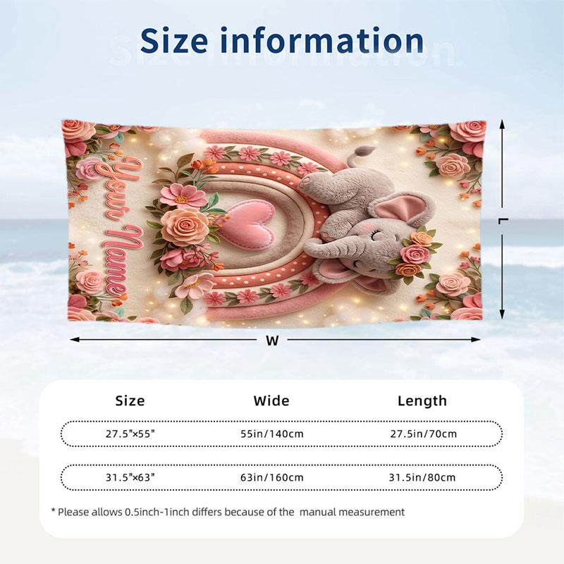 Elephant Theme Beach Towel Personalized Custom Name & Text Soft Quick Dry Beach Towel for Swimming Travel