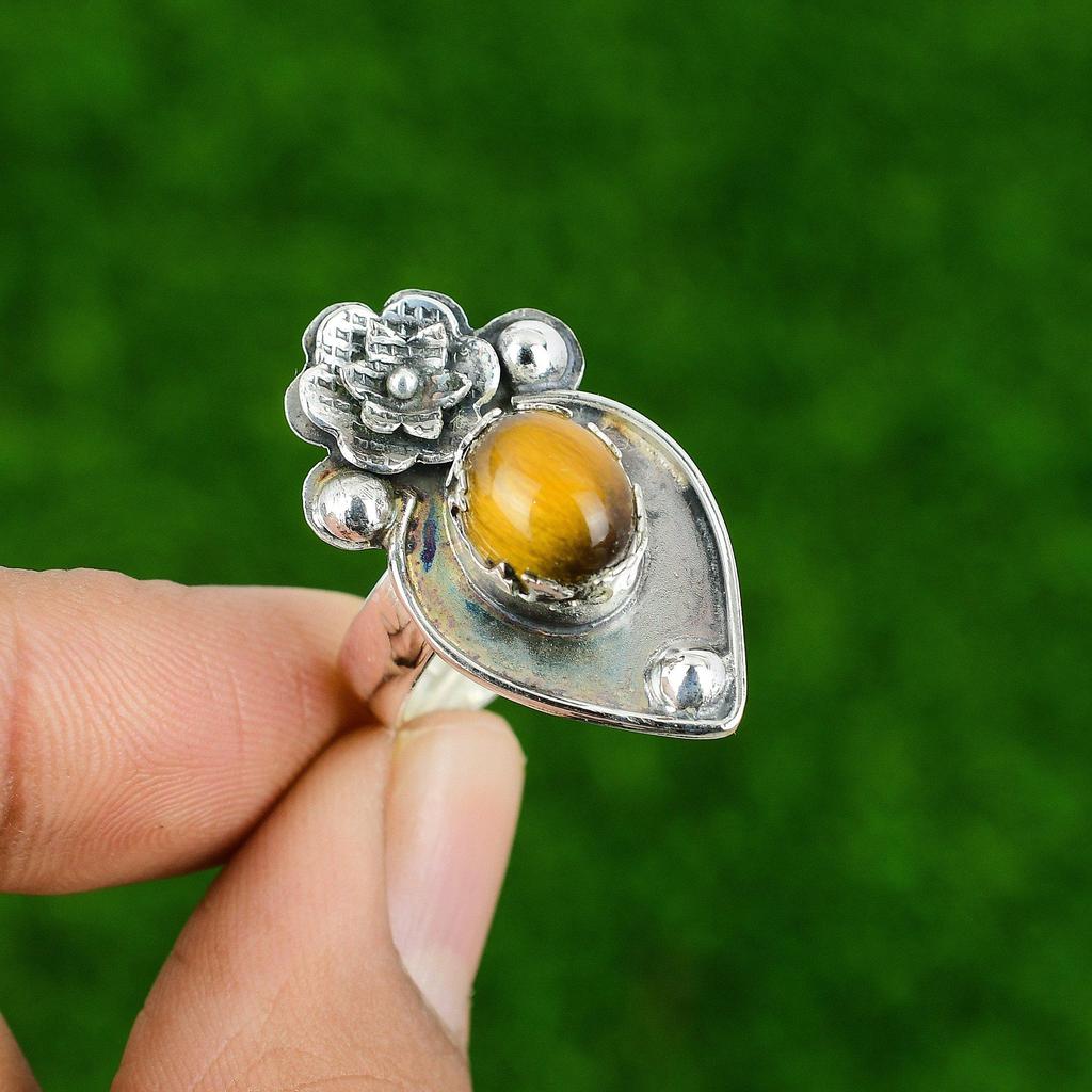 Natural Tiger'S Eye Gemstone Multi Stone Flower Adjustable Ring 925 Silver