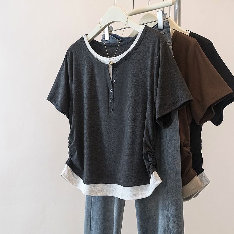 Women's Fake Two-Piece Henley Short Sleeve T-Shirt, Side Ruched Casual Summer Tee Top