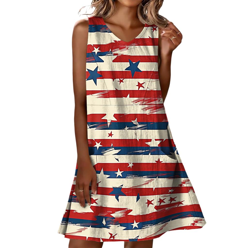 Flag Dress Sleeveless Summer Casual Loose Fit Patriotic Dress for Women Comfortable 4Th Of July Dresses for Women with Print