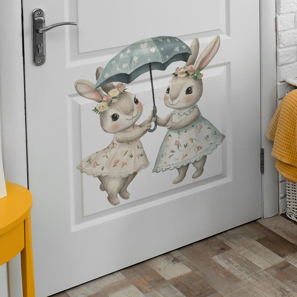 Cartoon-painted Little Rabbits Holding Umbrellas Bedroom Living Room Entrance Hall Home Beautification and Decoration Wall Stickers