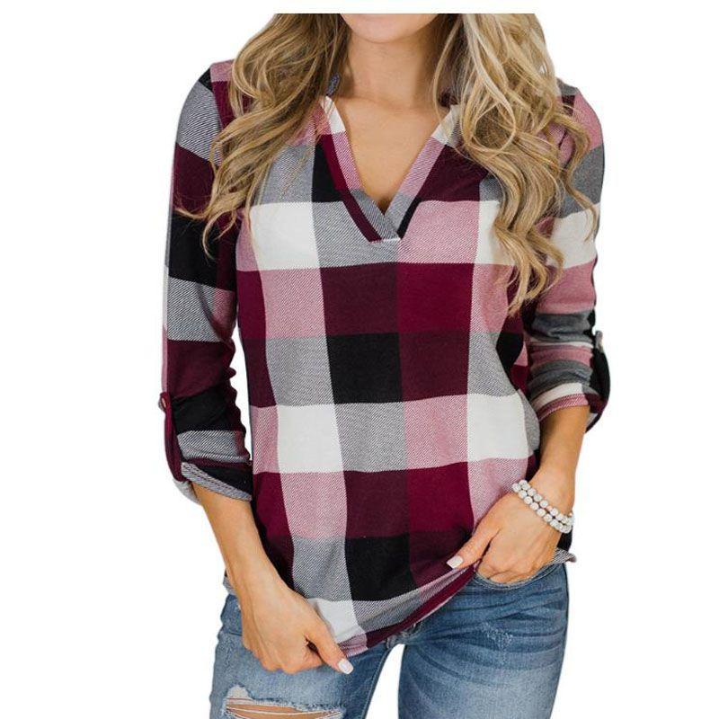 Women Vintage V-neck Loose Tops Long Sleeve Stylish T-shirt With Plaid Casual Design